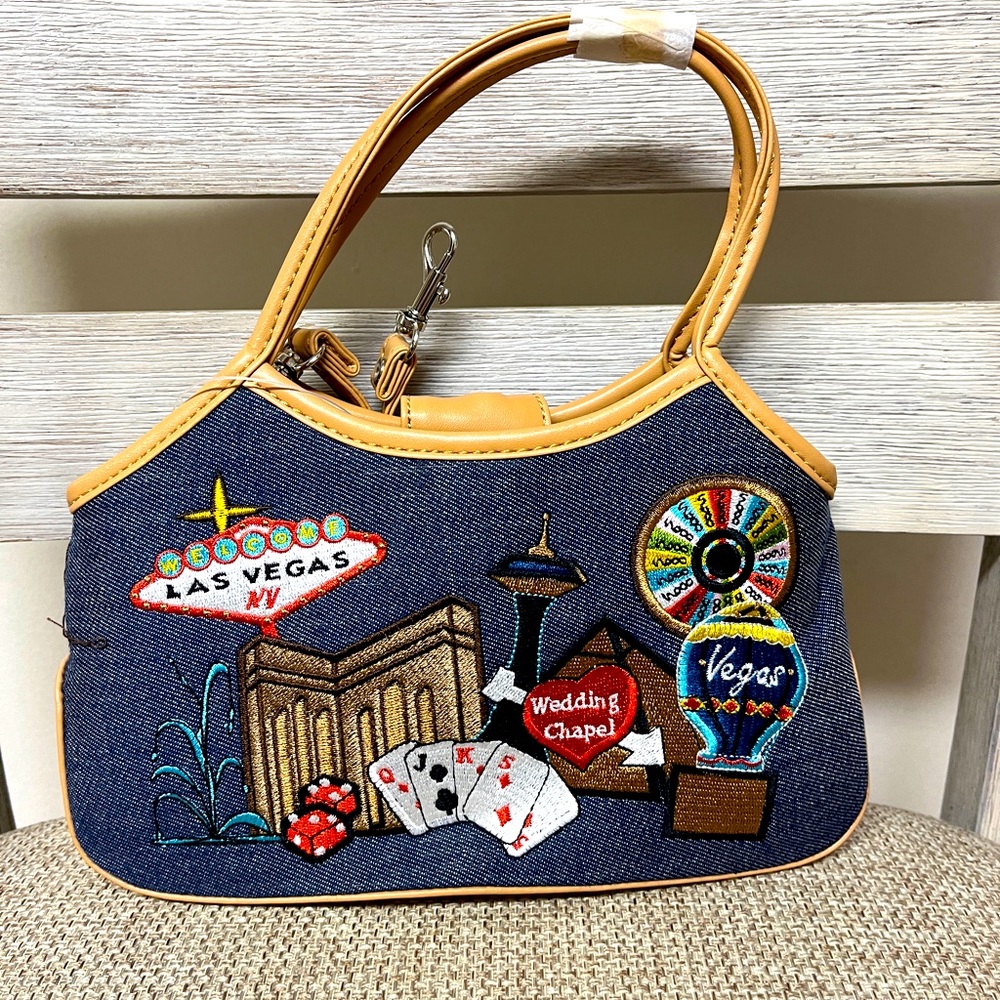 Crossbody, vegan leather/canvas VegasStrip appliqués, NWT, 9.5 x 5.5 x2.5”
